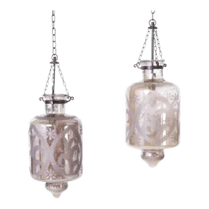 Pair of British Colonial Style Etched Mercury Glass Lanterns or Light Fixtures