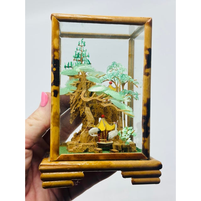This charming miniature display is a vintage Asian shadow box diorama, beautifully handcrafted within a glass and faux...