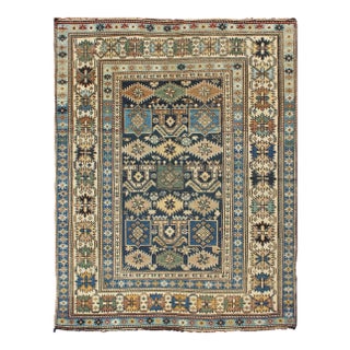 Antique Hand Knotted Caucasian Shirvan Rug in Blue With Tribal Design 3'5"x4'5" For Sale