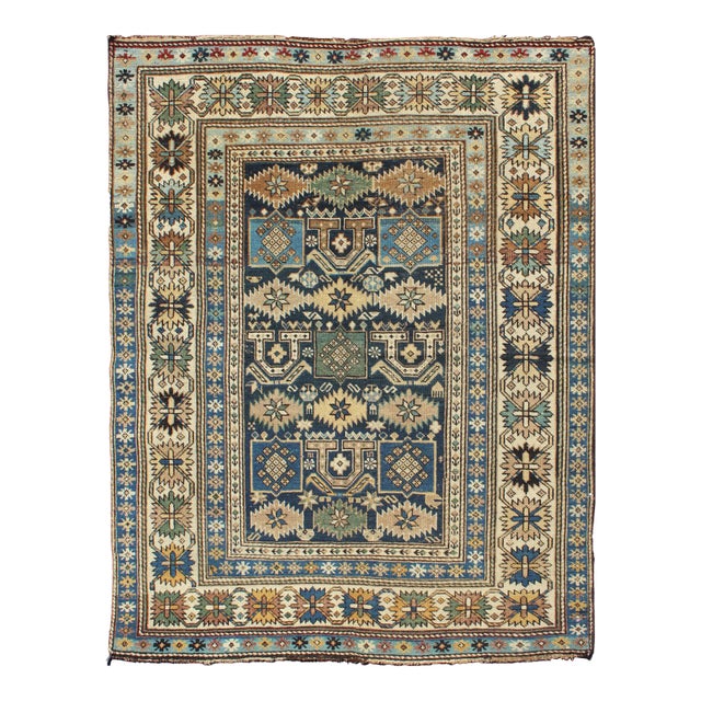Antique Hand Knotted Caucasian Shirvan Rug in Blue With Tribal Design 3'5"x4'5" For Sale