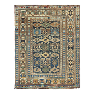 Antique Hand Knotted Caucasian Shirvan Rug in Blue With Tribal Design 3'5"x4'5"