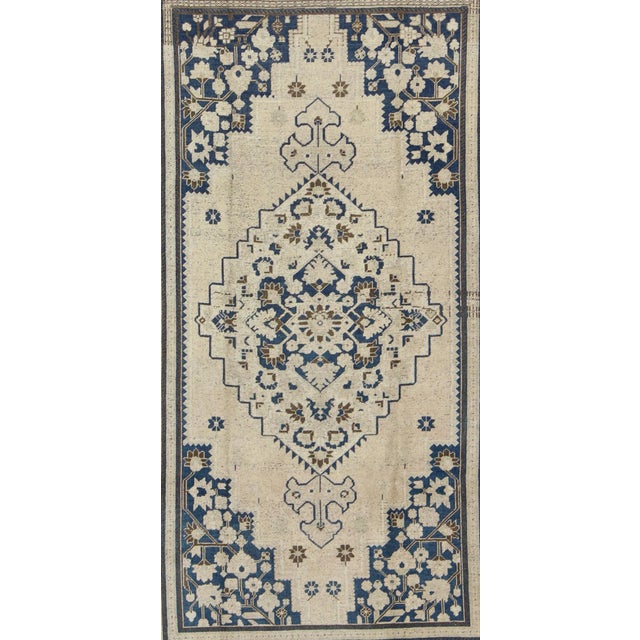 Vintage Turkish Oushak Rug With Medium Blue, Brown and Cream Colors For Sale - Image 4 of 10