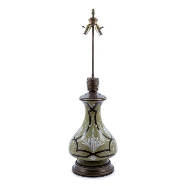 A Pair of Vintage Art Nouveau Style Green Porcelain Vases as Table Lamp Height: 17
