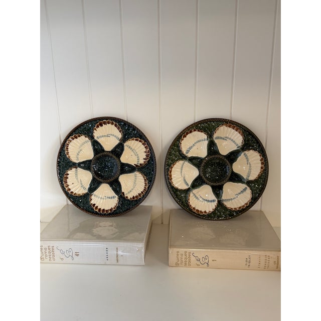 Pair of French Barbotine Oyster Serving Plates, Circa 1900 Celebrate the artistry of French barbotine with this charming...