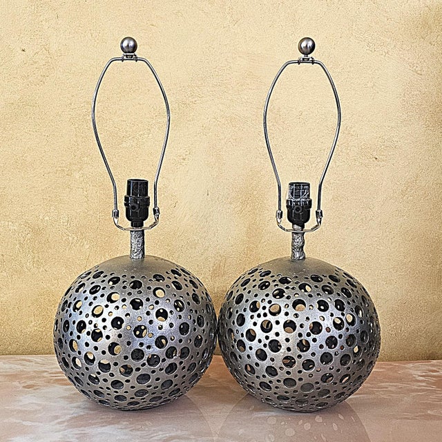 Metal Pair of Pierced Pewter Globe Table Lamps With Shades For Sale - Image 7 of 18