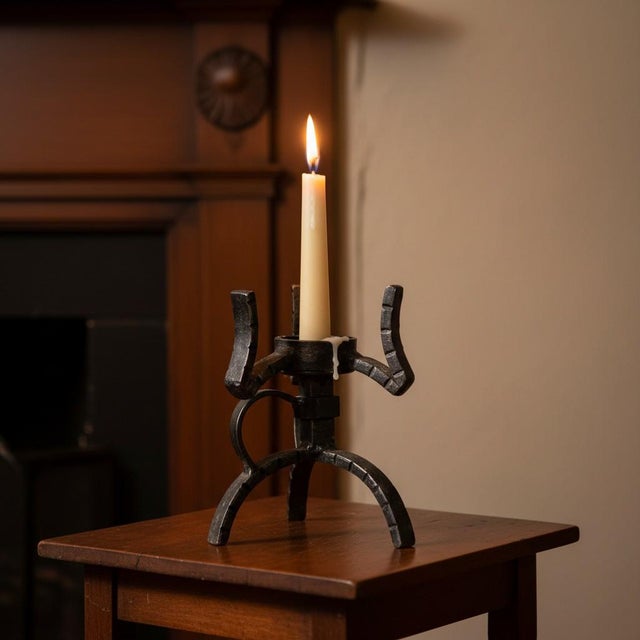 Vintage Brutalist Wrought Iron Candlestick Holder-Hand Forged-Tripod-MCM-Gothic For Sale - Image 4 of 9