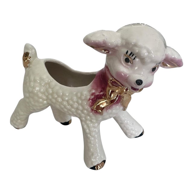 Vintage Kitsch Lamb Figural Ceramic Planter With Gold Accents For Sale