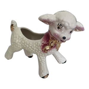 Vintage Kitsch Lamb Figural Ceramic Planter With Gold Accents