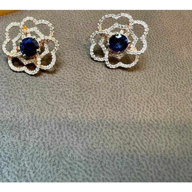 1 Carat Each Sapphire Diamond Flower/Cluster Earring 14 Karat Rose Gold For Sale In New York - Image 6 of 18