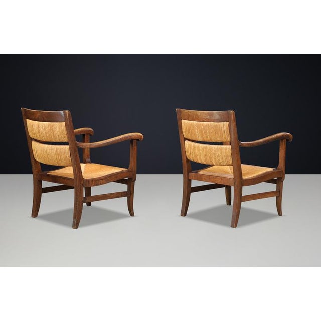 1950s French Lounge Chairs in Oak and Rush, 1950s, Set of 2 For Sale - Image 5 of 10