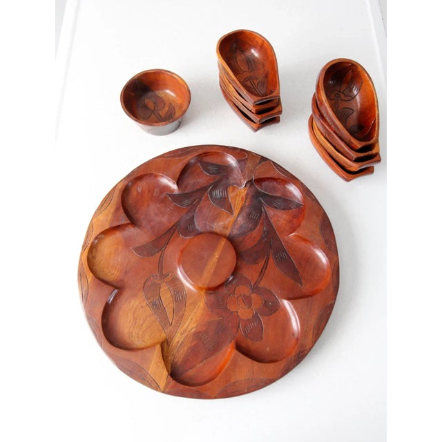 Brown Mid-Century Tropical Carved Wood Serving Tray Set - Set of 10 For Sale - Image 8 of 10