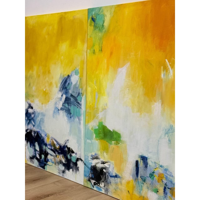 Set of 3 Modern Abstract Paintings Yellow Green Blue Wall Art Acrylic on Canvas For Sale - Image 14 of 16