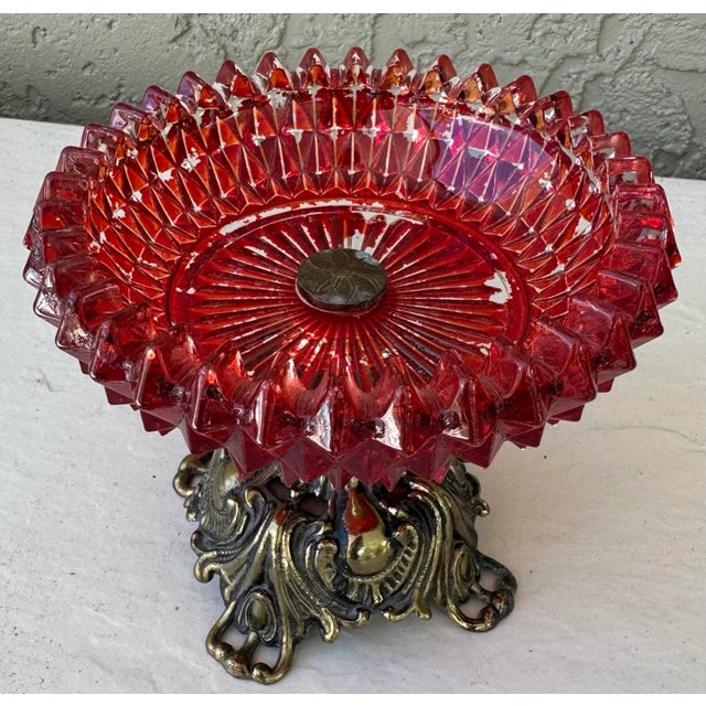Vintage 1973 Brass Footed Ruby Red Diamond Cut Glass Compote Dish For Sale - Image 9 of 12