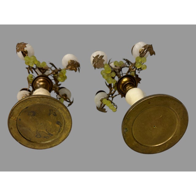 Pair of Antique Five Light Brass & Alabaster Candelabra With Glass Grapes For Sale - Image 11 of 11