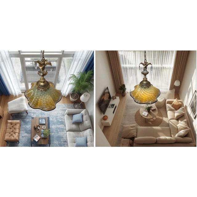 Metal Antique Murano and LaChaussee Art Glass Shades Ormolu Metal Pendant Light For Sale - Image 7 of 18
