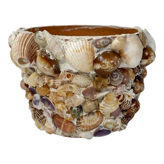 Vintage Shell Encrusted Terra Cotta Planter Pot For Sale