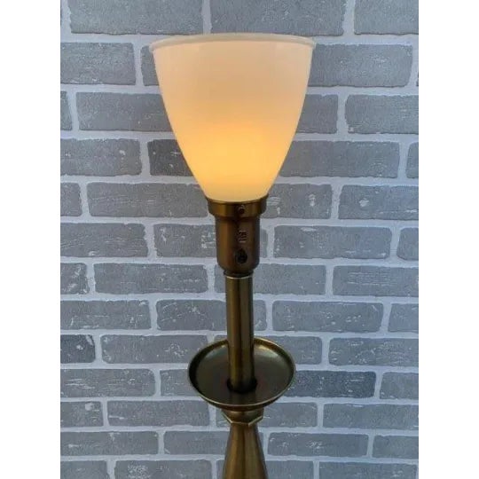 Traditional Vintage Brass Torchiere Table Lamp With Milk Glass Shade For Sale - Image 3 of 12