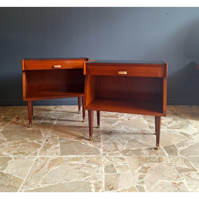 Mid-Century Modern Vintage Italian Teak and Glass Bedside Tables, 1960s, Set of 2 For Sale - Image 3 of 11