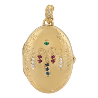 Vintage Diamond Emerald Ruby Sapphire 18k Yellow Gold Locket Pendant For Sale
