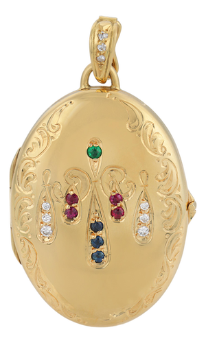 Vintage Diamond Emerald Ruby Sapphire 18k Yellow Gold Locket Pendant