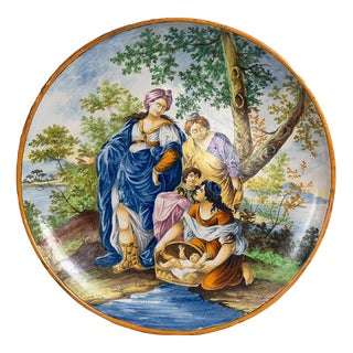 Antique Ceremonial Plate in Polychrome Majolica Depicting Moses Being Saved from the Waters from Deruta, 19th Century For Sale