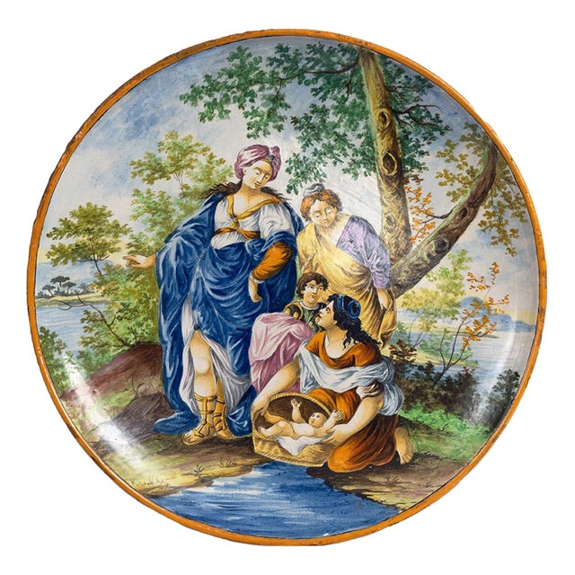 Antique Ceremonial Plate in Polychrome Majolica Depicting Moses Being Saved from the Waters from Deruta, 19th Century For Sale