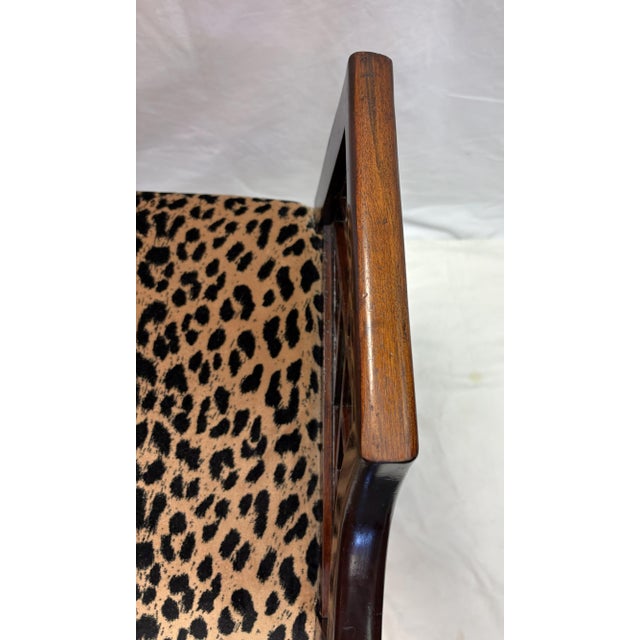 Brown Vintage Fretwork Curved Arm Vanity Stool/ Bench With New Leopard Upholstery For Sale - Image 8 of 18