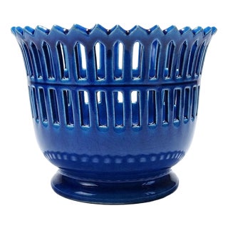 Peacock Blue Openwork Earthenware Cachepot from Malicorne Moreau-Bourg-Joly, 1970s-1980s For Sale
