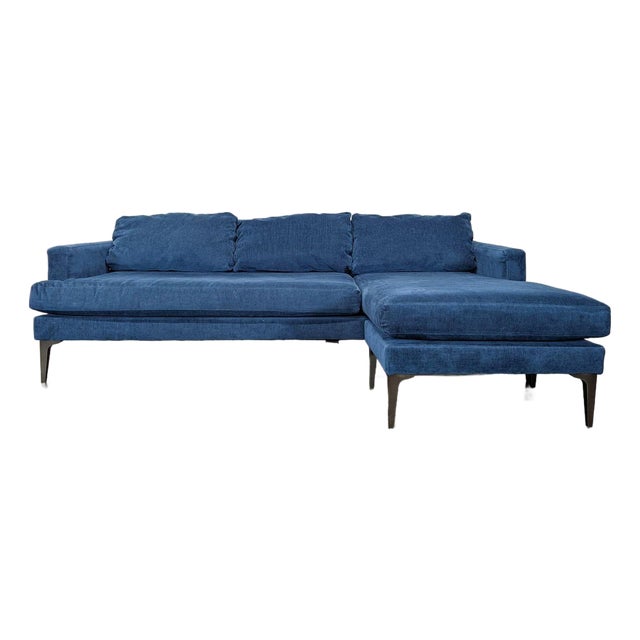West Elm Blue Sectional Sofa With Right Chaise For Sale