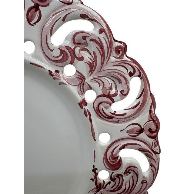 Vintage Pink and White Hand Painted Reticulated Platter - Made in Portugal For Sale - Image 9 of 10