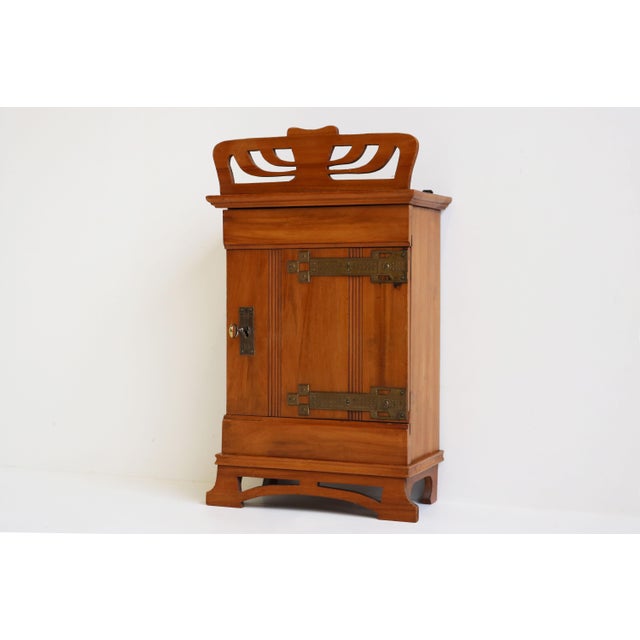 Antique Dutch Art Nouveau Wall Cabinet in Cherry Wood and Brass, 1910 For Sale - Image 4 of 11