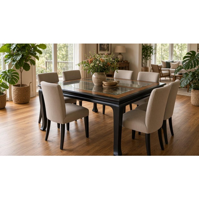 1970s Attributed to Chin Hua by Raymond Sobota for Century — Black Lacquer & Burl Glass-Top Extension Table, Model 540-333 For Sale - Image 11 of 11