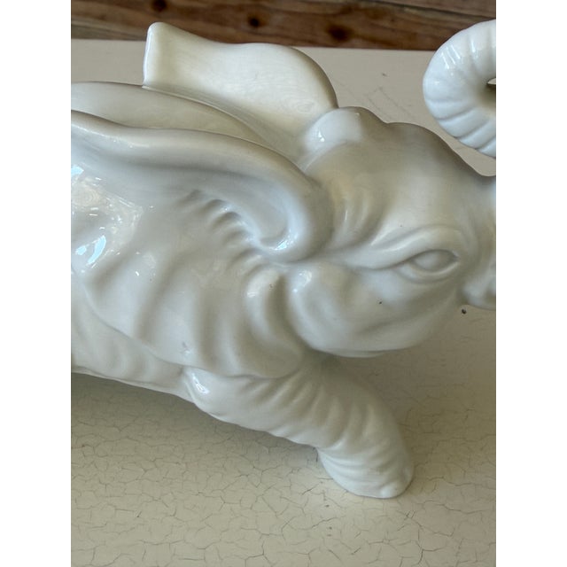 Pair of Vintage Inarco White Glazed Elephant Figurines With Raised Trunks For Sale - Image 9 of 12