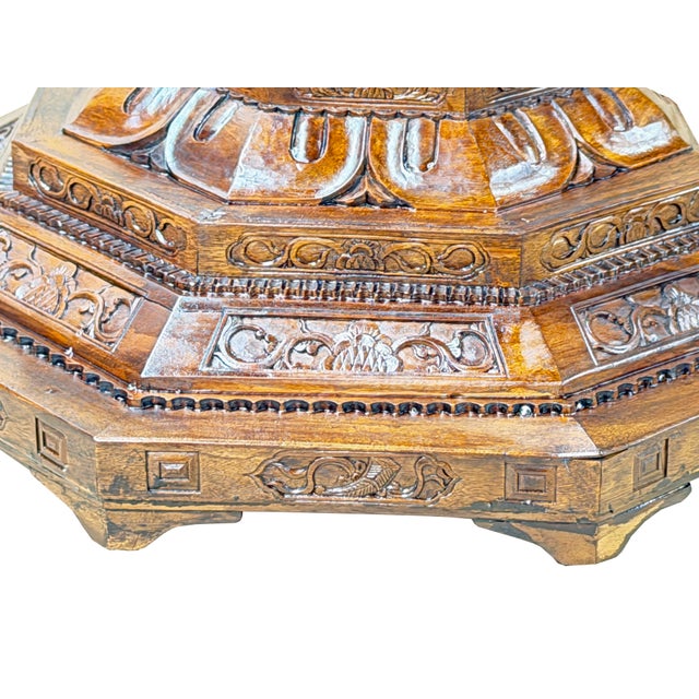 4.5" Vintage Octagonal Wood Carved Steps Lotus Motif Display Base Stand For Sale - Image 4 of 7