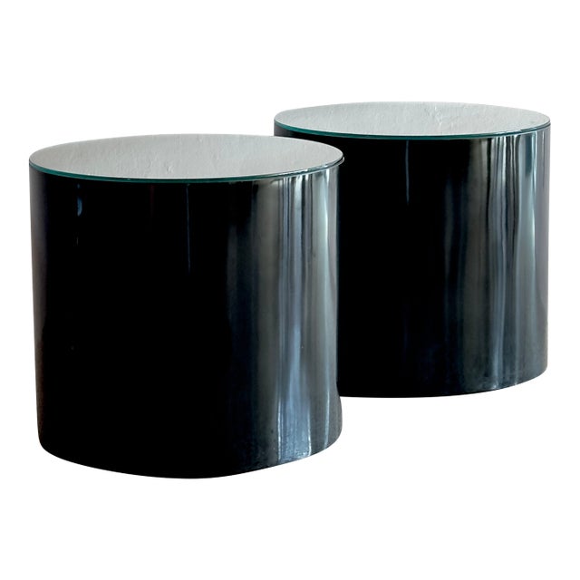 Postmodern Glass-Topped Black Rolling Cylinder Side Tables For Sale