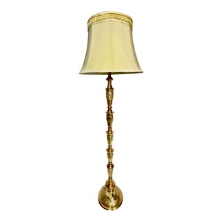 Vintage 1940s Asian Altar Temple Floor Lamp, Peacock Engraved Nodes Stem For Sale