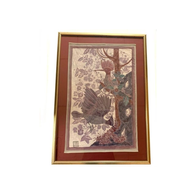 1980s Signed Custom Framed Asian Weaving With Flycatcher Bird Theme For Sale - Image 9 of 10