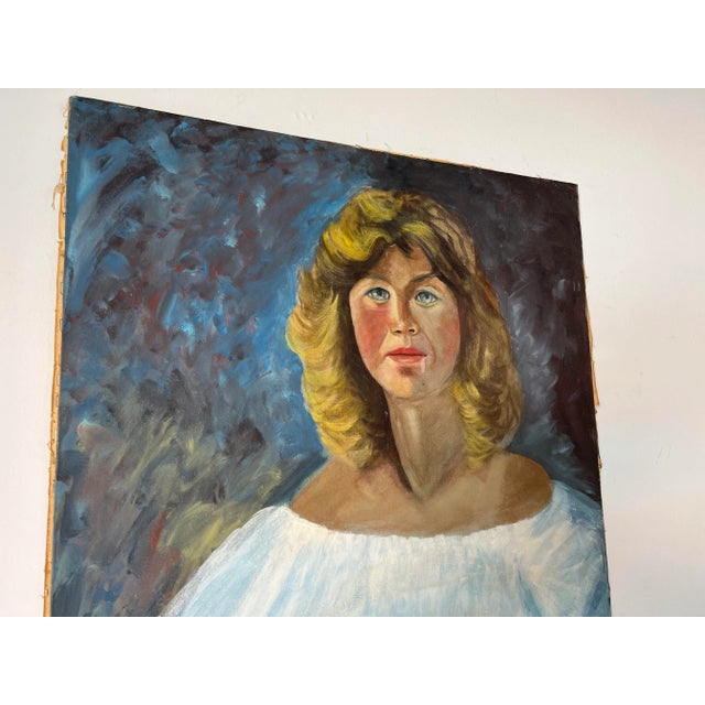 Blue 1970's Mid-Century Impressionist Woman Oil Portrait Painting For Sale - Image 8 of 12