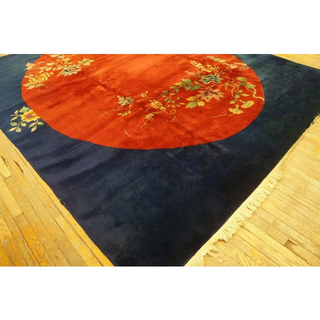 1920s Luxurious and Rich Red and Blue Color Antique 1920s Minimalist Floral Pattern Chinese Art Deco Carpet For Sale - Image 5 of 9