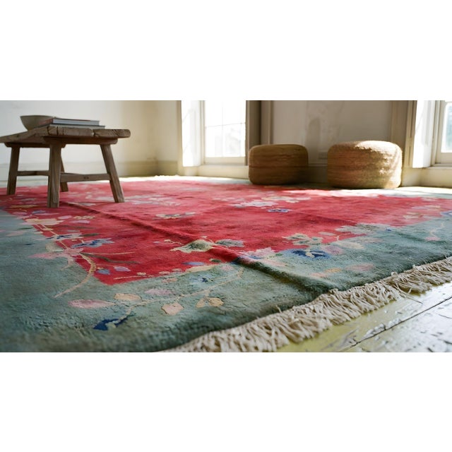 1920s Red Scarlet Foliate Antique Chinese Art Deco Carpet 9'2" X 12'8" Knotted Wool Rug For Sale - Image 11 of 13