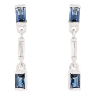 Natural Blue Sapphire Drop Earrings With Baguette Diamonds in 14k White Gold- A Pair For Sale