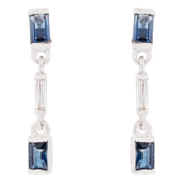 Natural Blue Sapphire Drop Earrings With Baguette Diamonds in 14k White Gold- A Pair For Sale