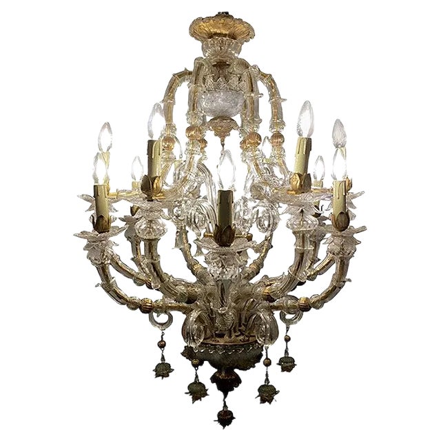 Vintage Baroque Style Gold and Murano Glass Chandelier, 1930s For Sale