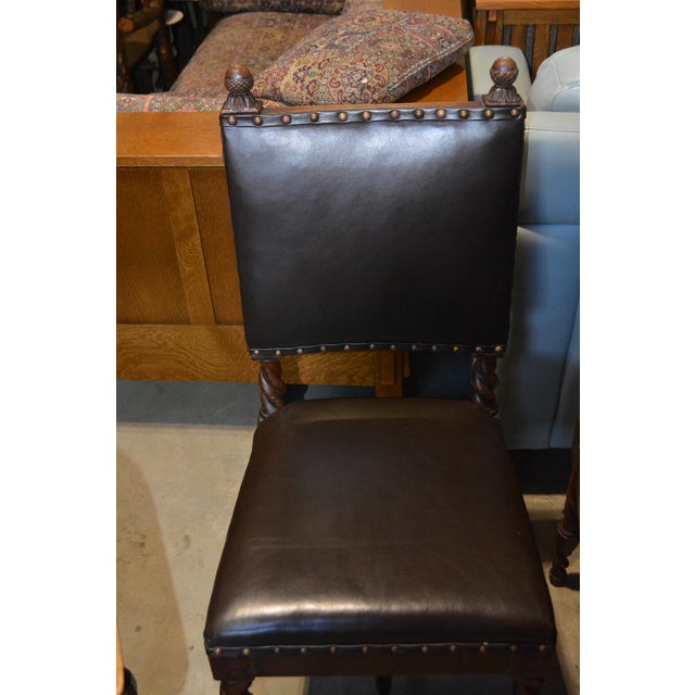 Late 19th Century Late 19th Century English Oak Barley Twist Leather Dining Chairs Carved Animals Finials For Sale - Image 5 of 18