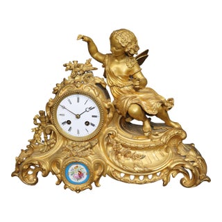 French Louis XV Style Bronze Ormolu Mantle Clock With Sevres Style Plaques For Sale