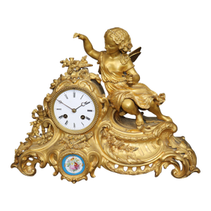 French Louis XV Style Bronze Ormolu Mantle Clock With Sevres Style Plaques