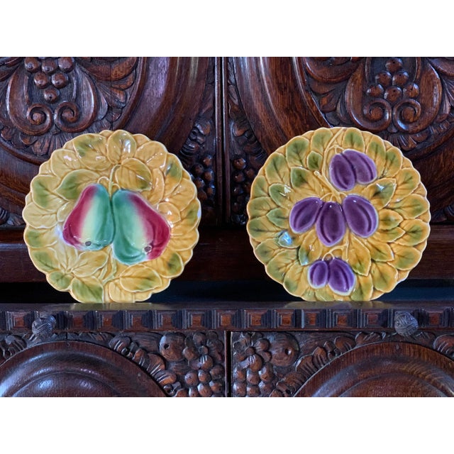 Vintage French Parry & Vieille Majolica Fruit (Plum & Pear) Plates in the Style of De Serreguemines- Set of 2 For Sale In San Antonio - Image 6 of 12