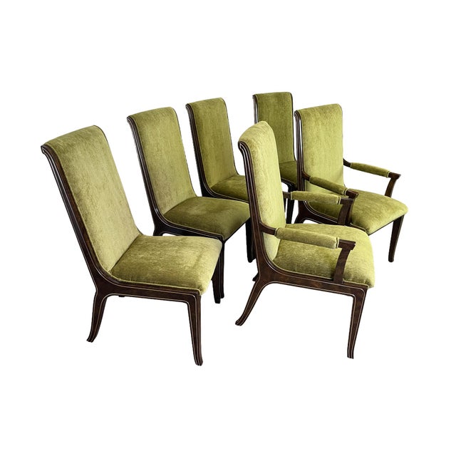 A striking set of six Mastercraft-attributed dining chairs combining richly figured burl wood, brass inlay, and sculptural...