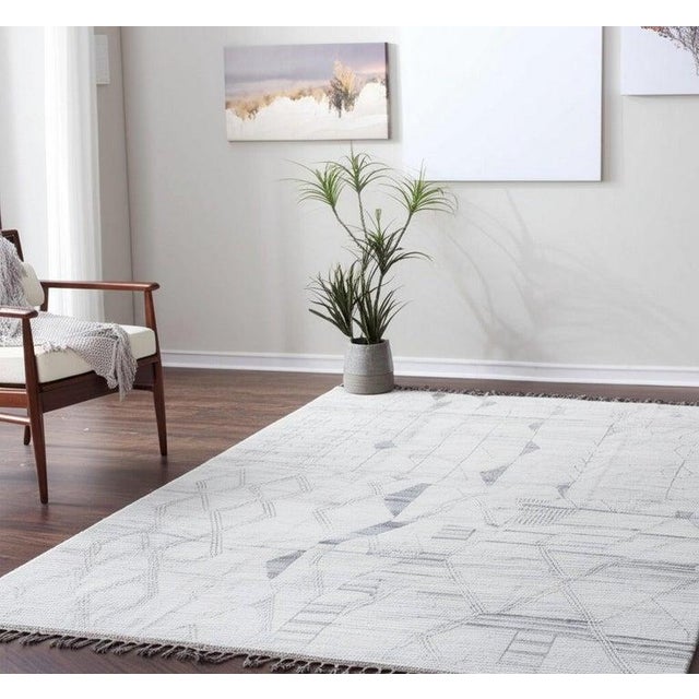 9x13 Ivory Hand-Knotted Wool Faded Diamond Tribal Modern Carpet Rug For Sale - Image 4 of 6