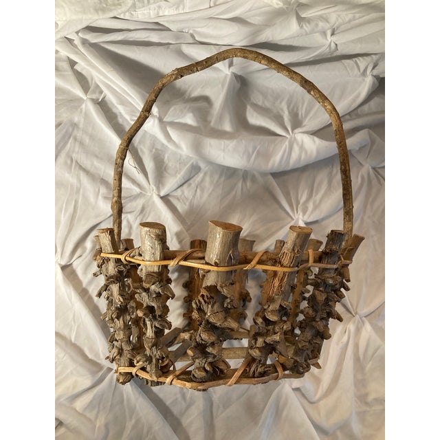 Americana Antique Adirondack Twig Mushroom Foraging basket.Adirondack Twigs Primitive Style W/ a Large Bent Twig Handle. Early 20th Century For Sale - Image 11 of 12